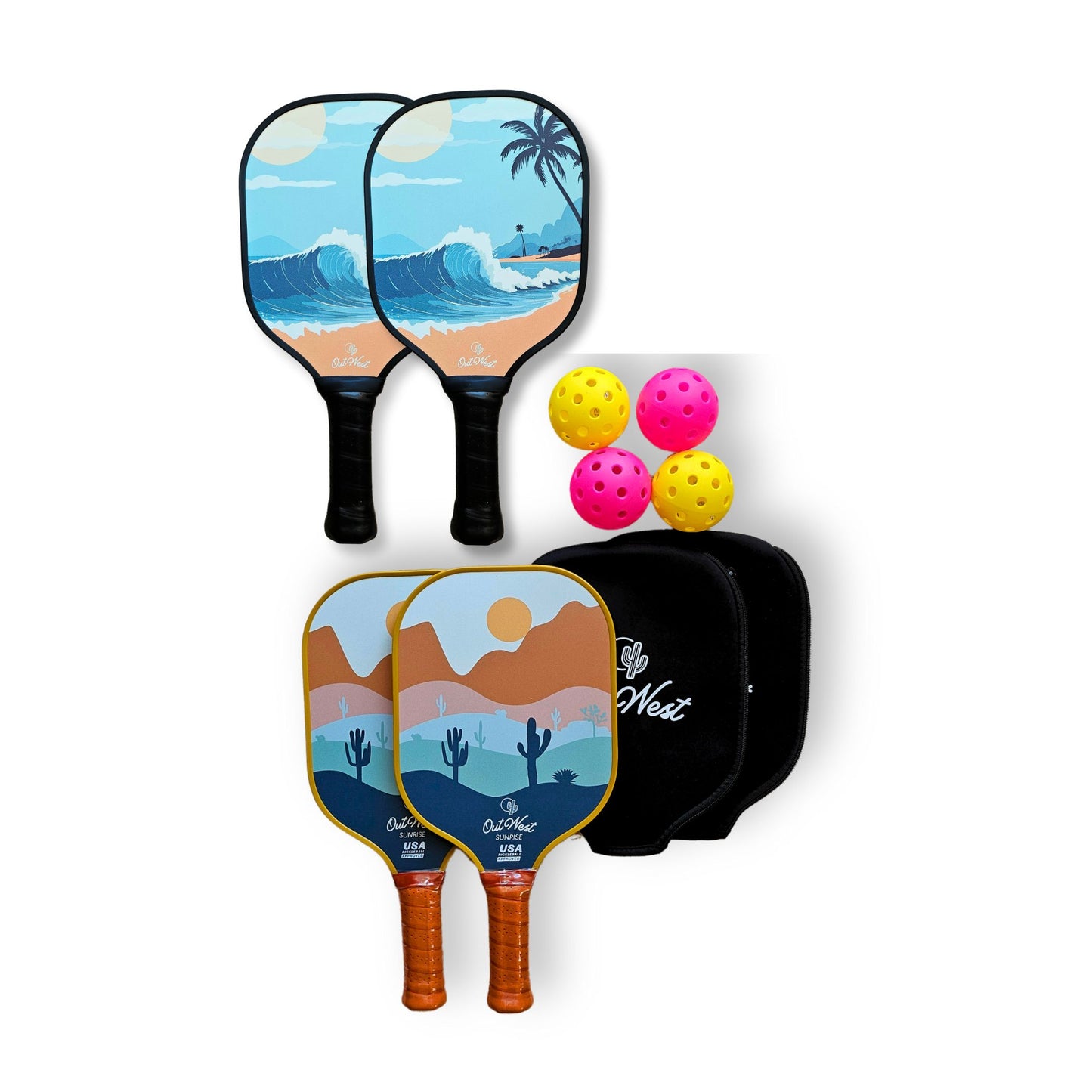 OutWest Sport FAMILY BUNDLE | 2 Adult Sunrise Carbon Fiber Pickleball Paddles, 2 Kids Fiberglass Paddles | 2 Outdoor Pickleballs (Adult paddles are USAPA Approved )