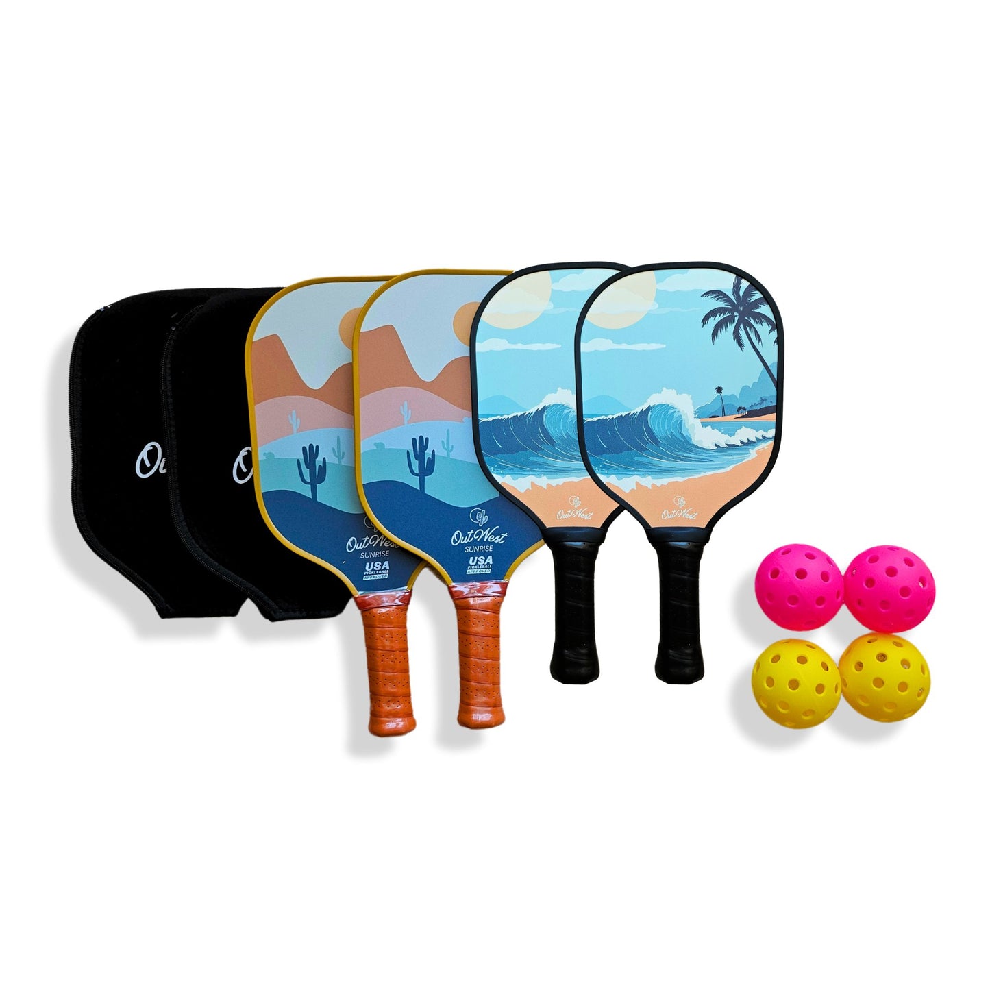 OutWest Sport FAMILY BUNDLE | 2 Adult Sunrise Carbon Fiber Pickleball Paddles, 2 Kids Fiberglass Paddles | 2 Outdoor Pickleballs (Adult paddles are USAPA Approved )