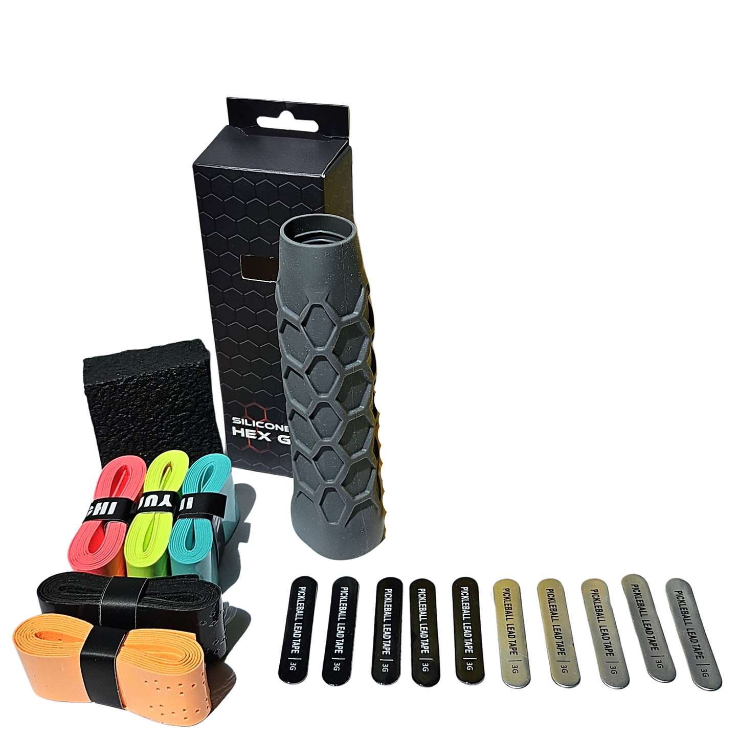 OutWest Sport Pickleball Accessories Bundle | 10-pack 3-gram lead tape, 2 paddle erasers, 5 overgrips, 1 hex silicone overgrip