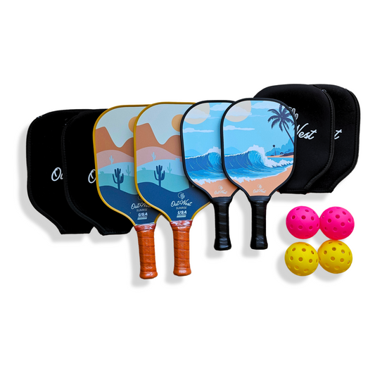 OutWest Sport FAMILY BUNDLE | 2 Adult Sunrise Carbon Fiber Pickleball Paddles, 2 Kids Fiberglass Paddles | 2 Outdoor Pickleballs  (Adult paddles are USAPA Approved )